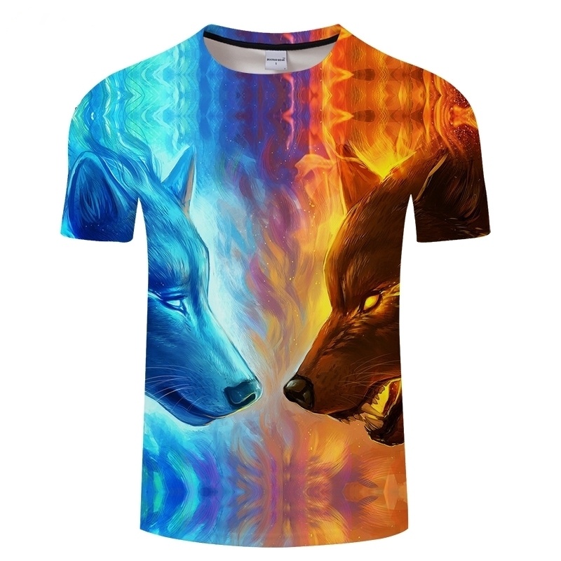 Fire and Ice Wolf T shirts 3D Men T-shirts